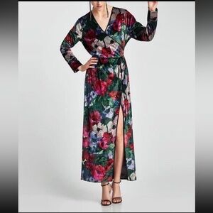 Zara Velvet Floral Kimono Wrap‎ Maxi Dress Blogger Favorite Wedding Festival Sml